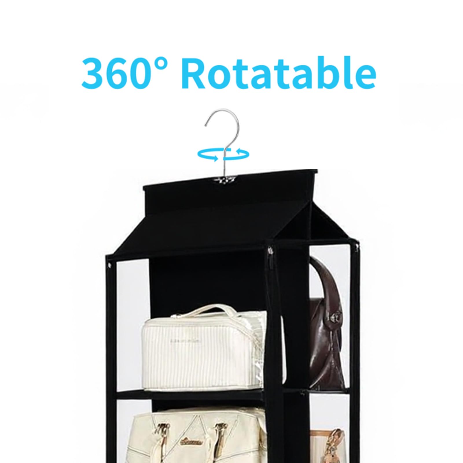 8 Grids in 1 Rotatable Hanging Purse Handbag Organizer with Double Zippers, Visible Purse Organizer for Closet, Fully Enclosed Handbag Storage Holder