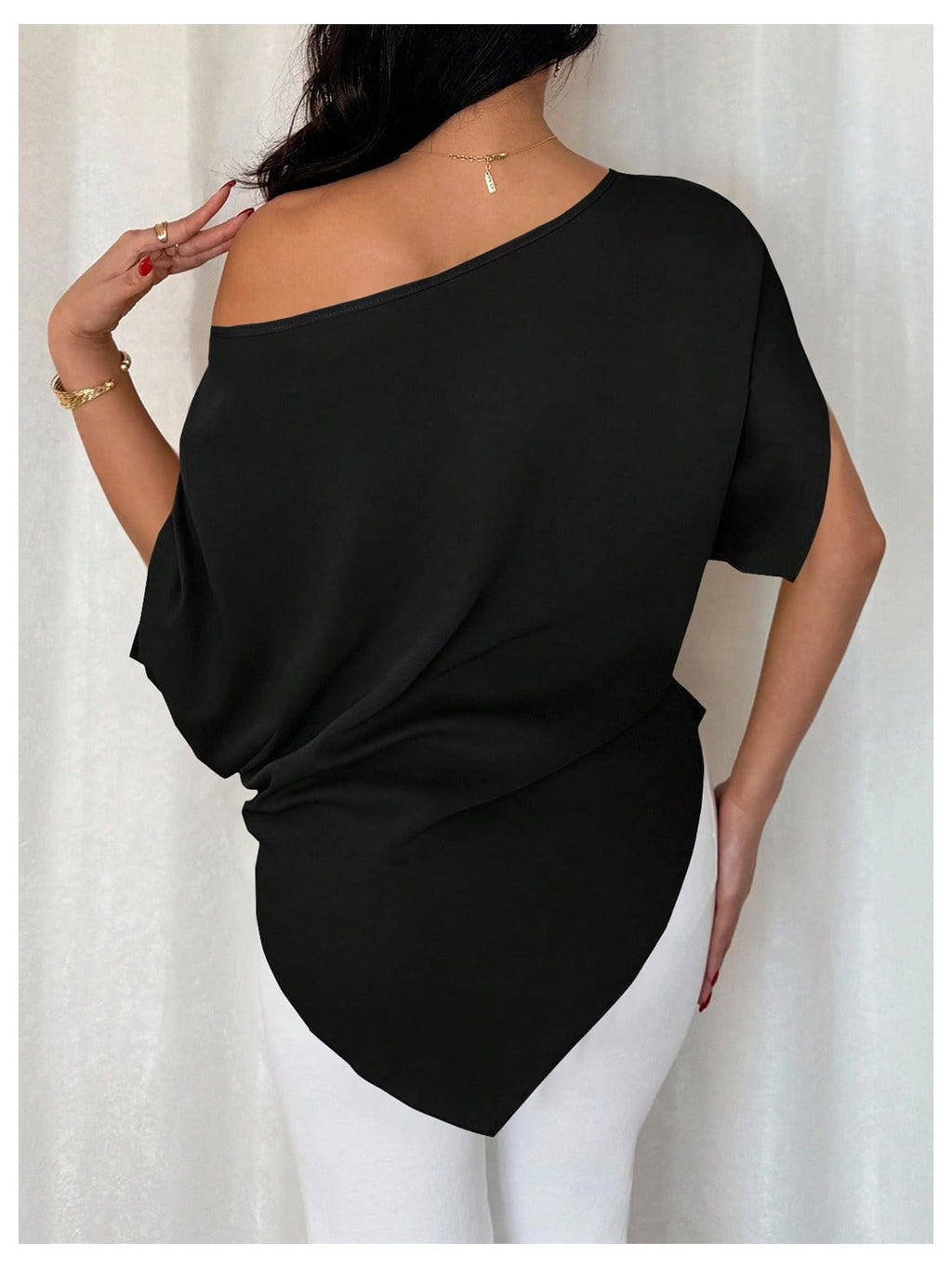 SHENHE Women's Off Shoulder Dolman Sleeve Blouses Asymmetrical Flowy Tops | Casual, Loose, Blouses With Waist Pleats, Asymmetrical, Elegant