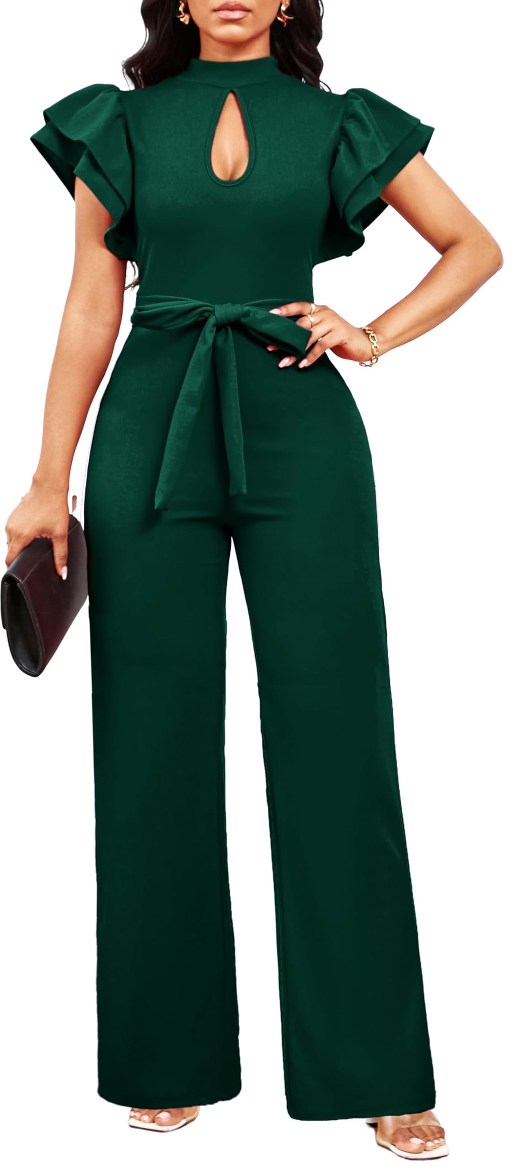 SxClub Jumpsuits for Women Dressy Formal Ruffle Long Straight Pants Jumpers | Women's Wedding Guest Jumpsuit Casual Ruffles Cap Short Sleeve Wide Leg Pants Club Outfit