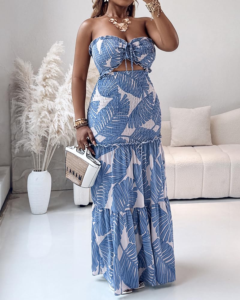 CHICME Floral Vacation Dress Halter Tie Ruched Womens Maxi Dress | Sleeveless Slim Dress, 3-Way Tie: Halter, Bow or Strapless,Ruffle Mermaid Hem for Party,Vacation,Wedding Guest