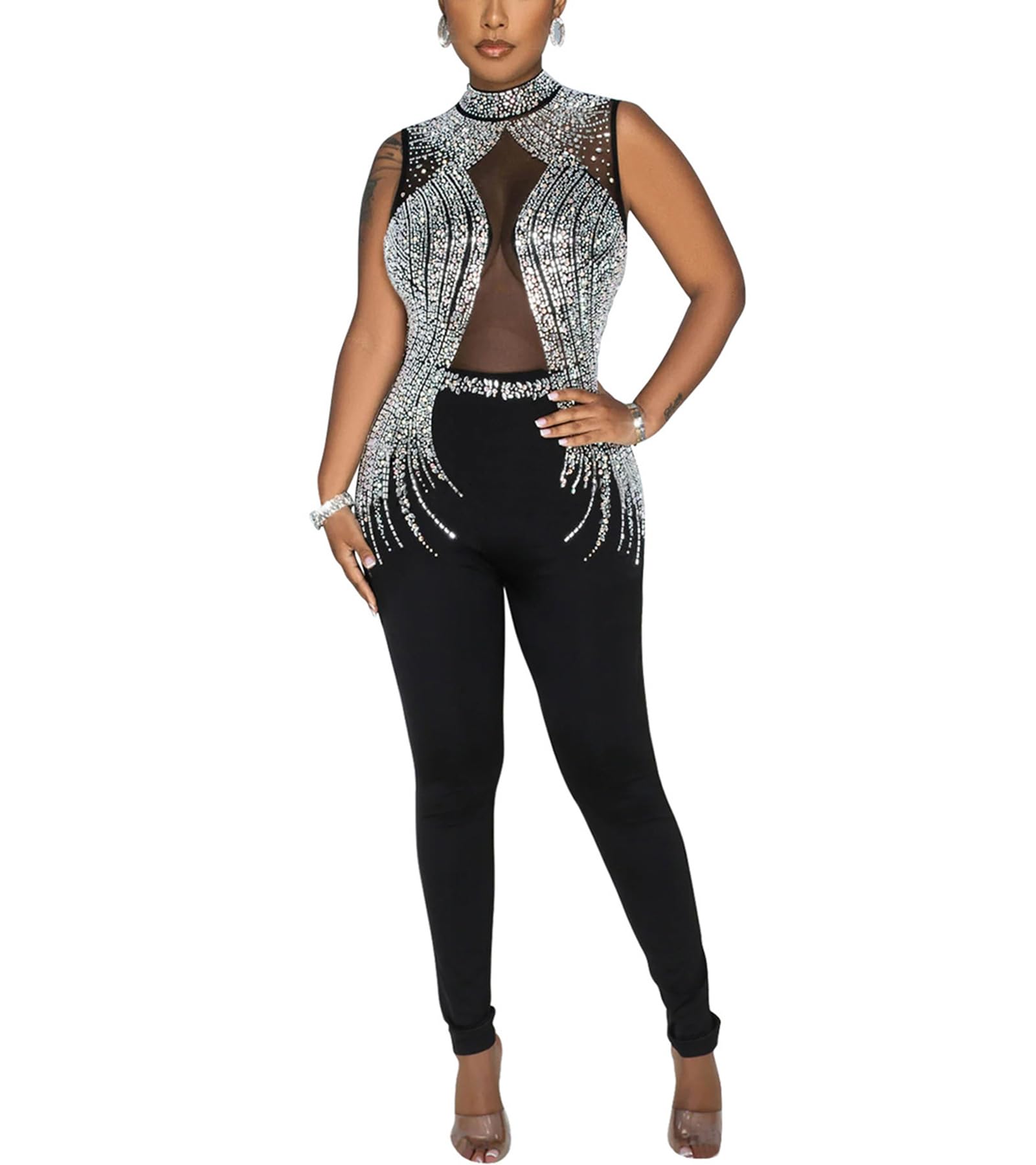 PORRCEY Sexy Rhinestone Jumpsuit for Women Mesh See Through Romper Clubwear