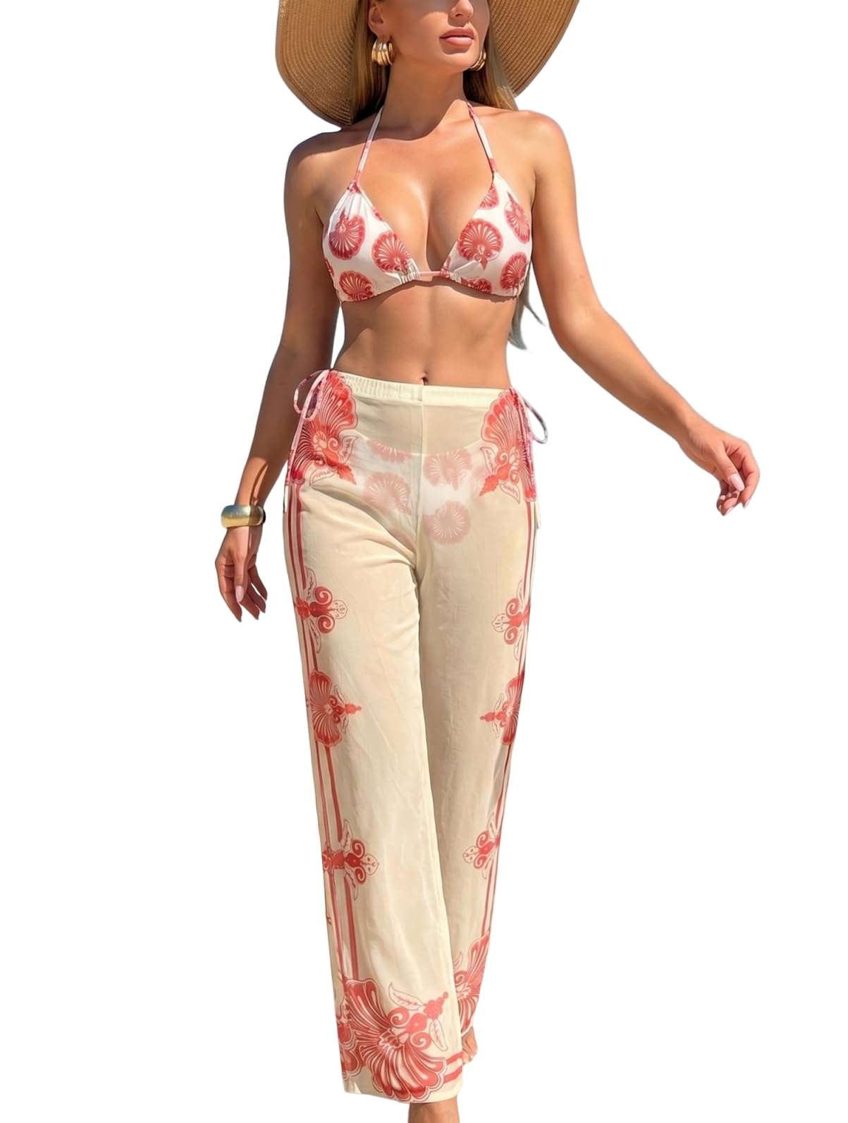 WODECASA Women's Plus Size 3 Piece Swimsuits Halter Triangle Bikini Set with Drawstring Semi Sheer Cover Up Bathing Suit