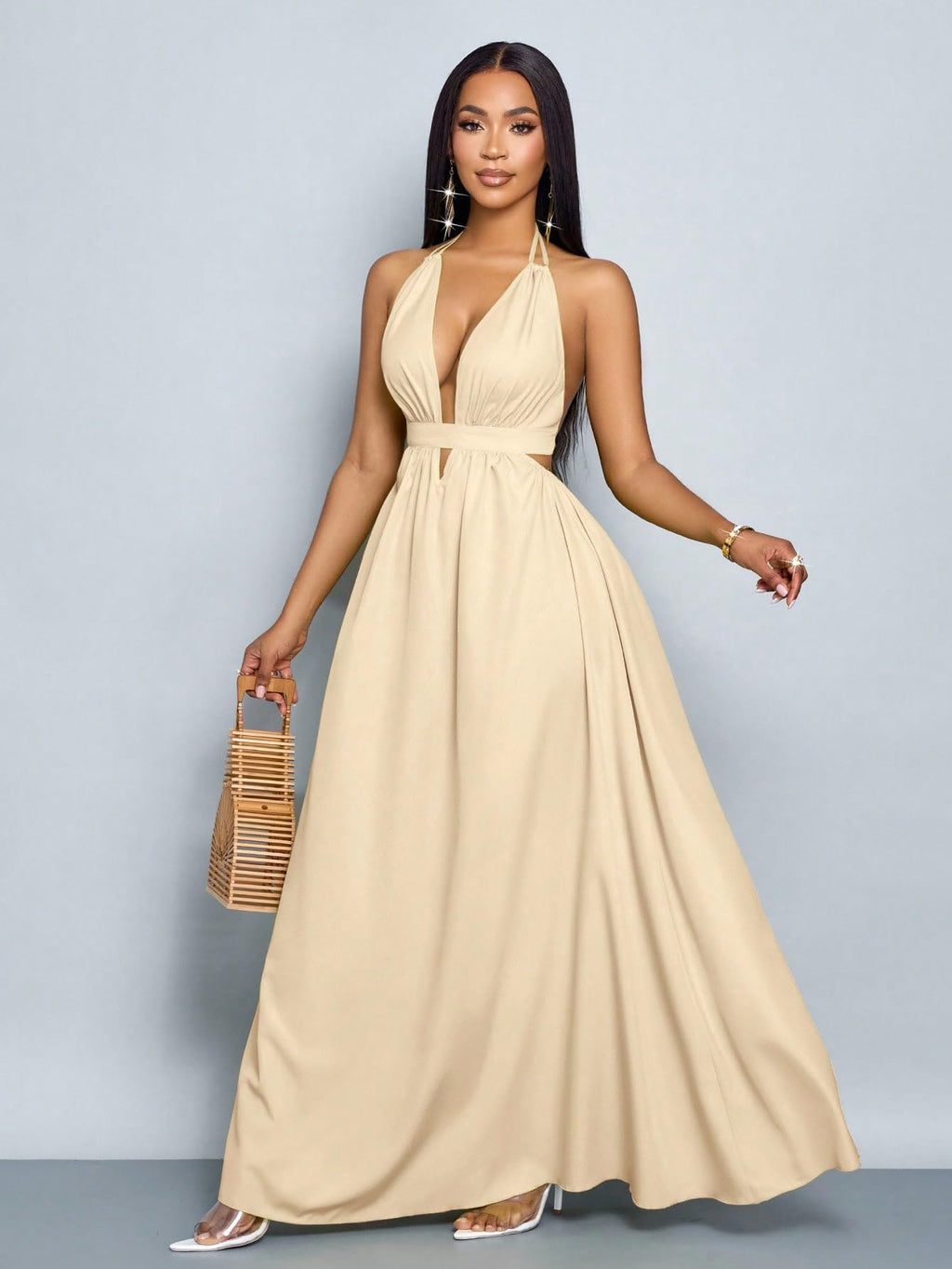 SKAYS Women's Summer Backless Tie-Waist Dress Solid Color Sexy V-Neck Beach Vacation Maxi Dress Formal Party Dress