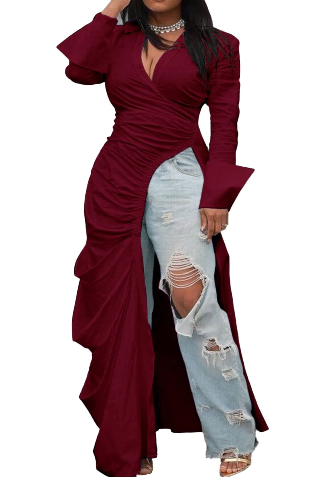 Women's Button Down Shirt Dress High Low Irregular Hem Top | Deep V Neck, Ruched, Long Sleeve, Side Split, Asymmetrical Irregular Hem Casual High Low Tops Blouse