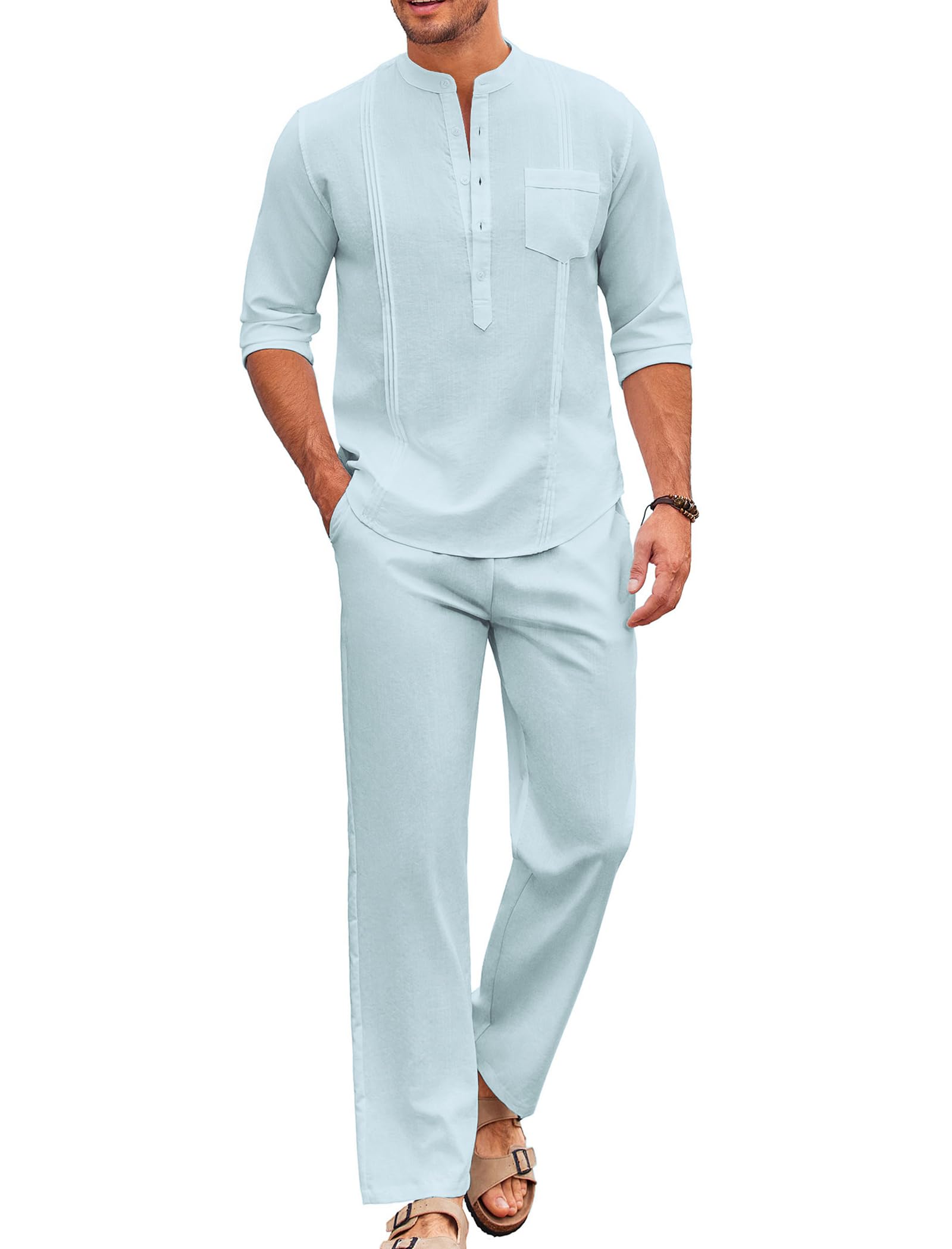 COOFANDY Men's 2 Piece Cotton Sets Casual Long Sleeve Cuban Henley Shirt and Loose Pants Set Beach Vacation Outfits