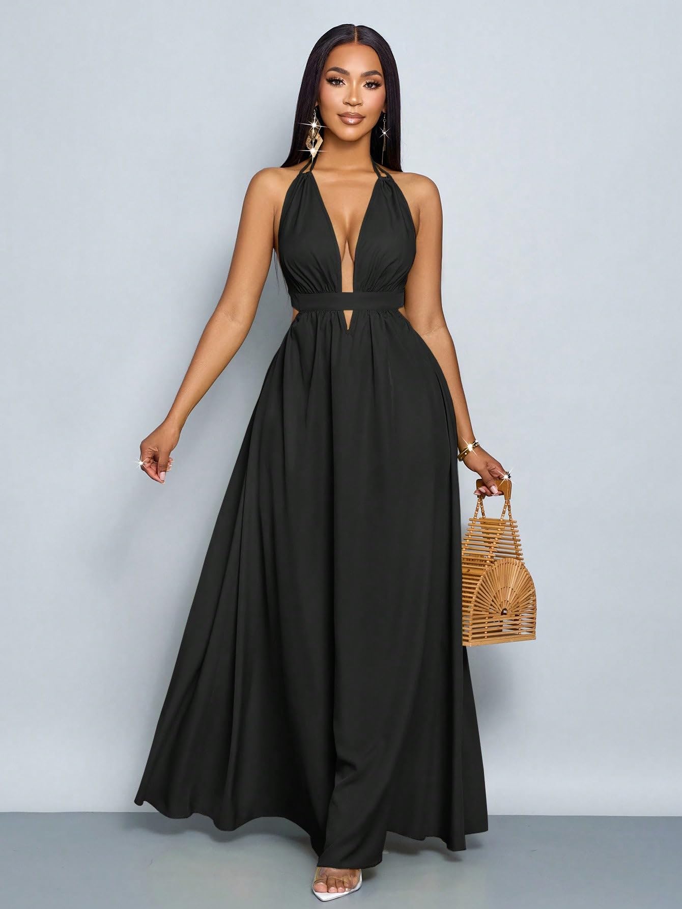 SKAYS Women's Summer Backless Tie-Waist Dress Solid Color Sexy V-Neck Beach Vacation Maxi Dress Formal Party Dress