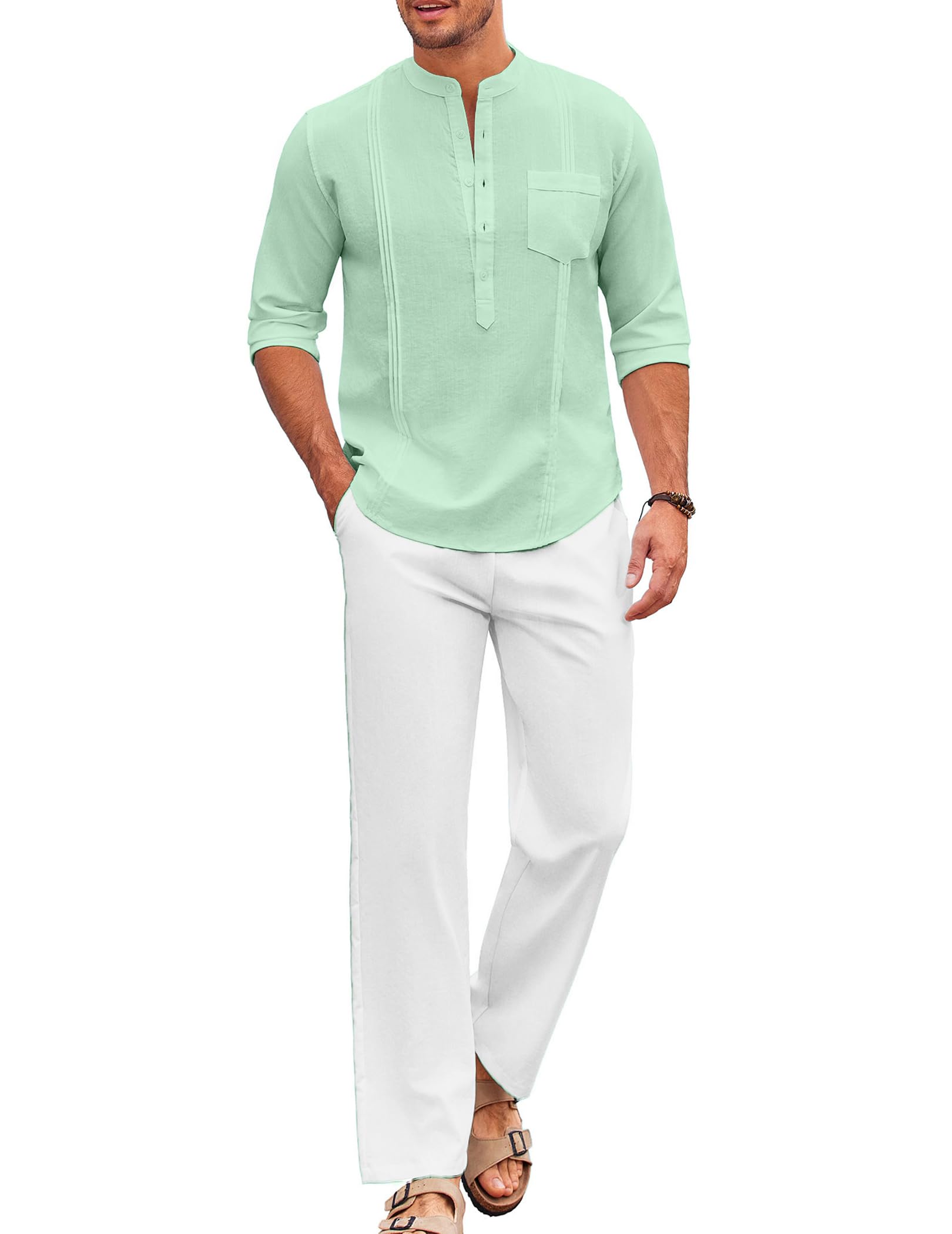 COOFANDY Men's 2 Piece Cotton Sets Casual Long Sleeve Cuban Henley Shirt and Loose Pants Set Beach Vacation Outfits