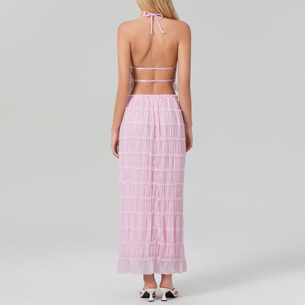Women Y2K Skirt Set Outfits Strapless Crop Top Bodycon Midi Skirt Dress Sexy 2 Piece Knit Outfits Skirt Summer