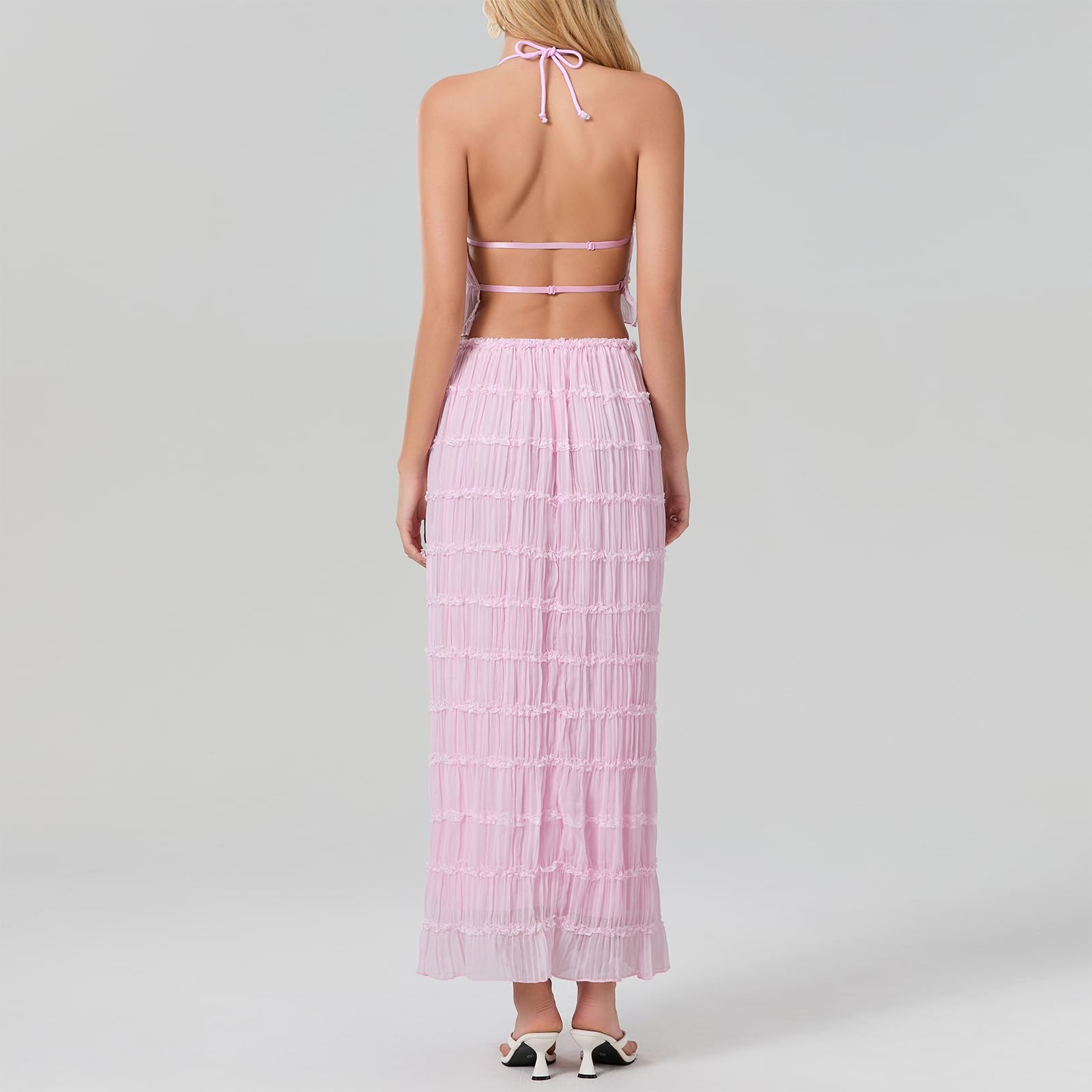 Women Y2K Skirt Set Outfits Strapless Crop Top Bodycon Midi Skirt Dress Sexy 2 Piece Knit Outfits Skirt Summer
