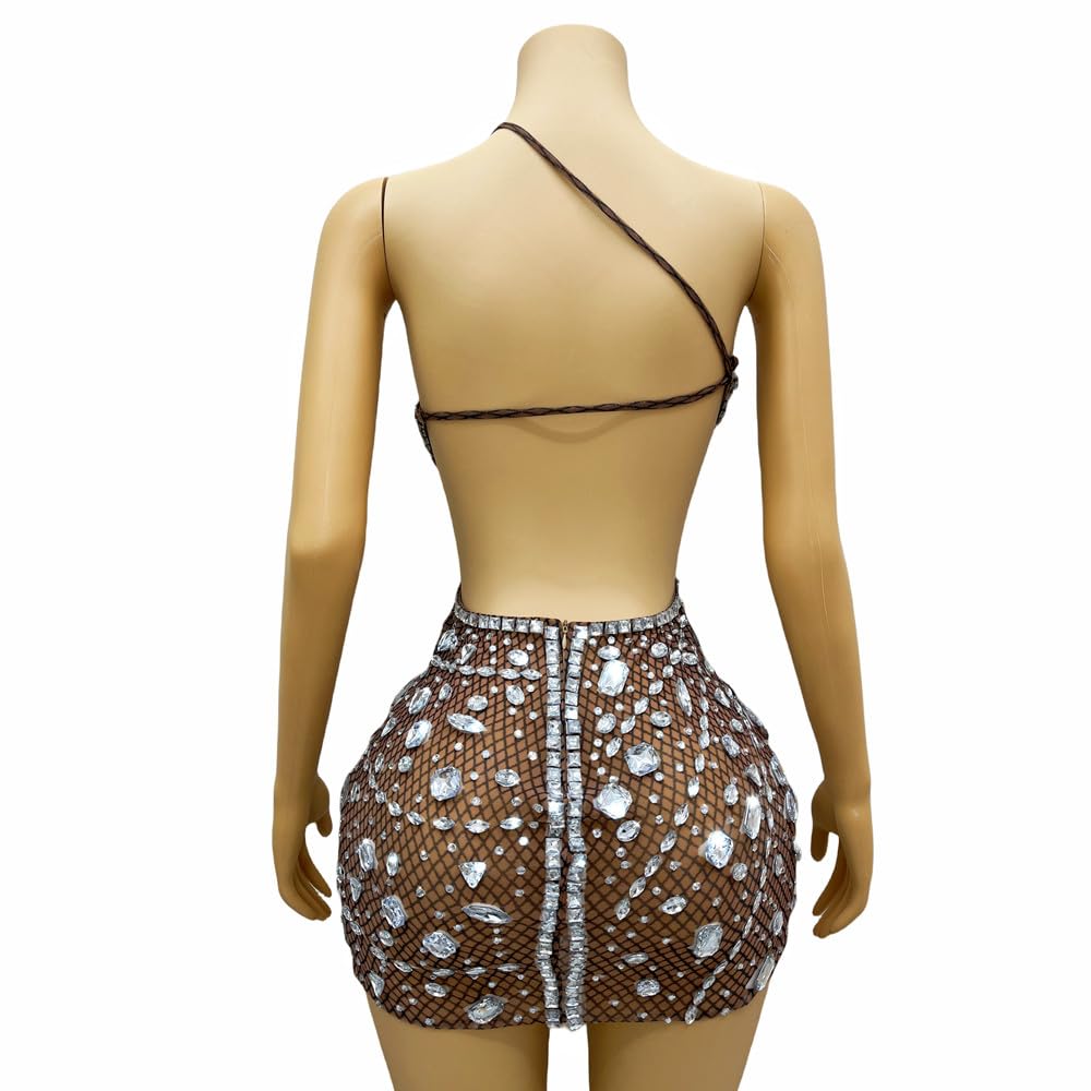 Sexy Backless Rhinestones Mini Dress Mesh Transparent Bodycon Party Outfit Women Cocktail Birthday Club Dress