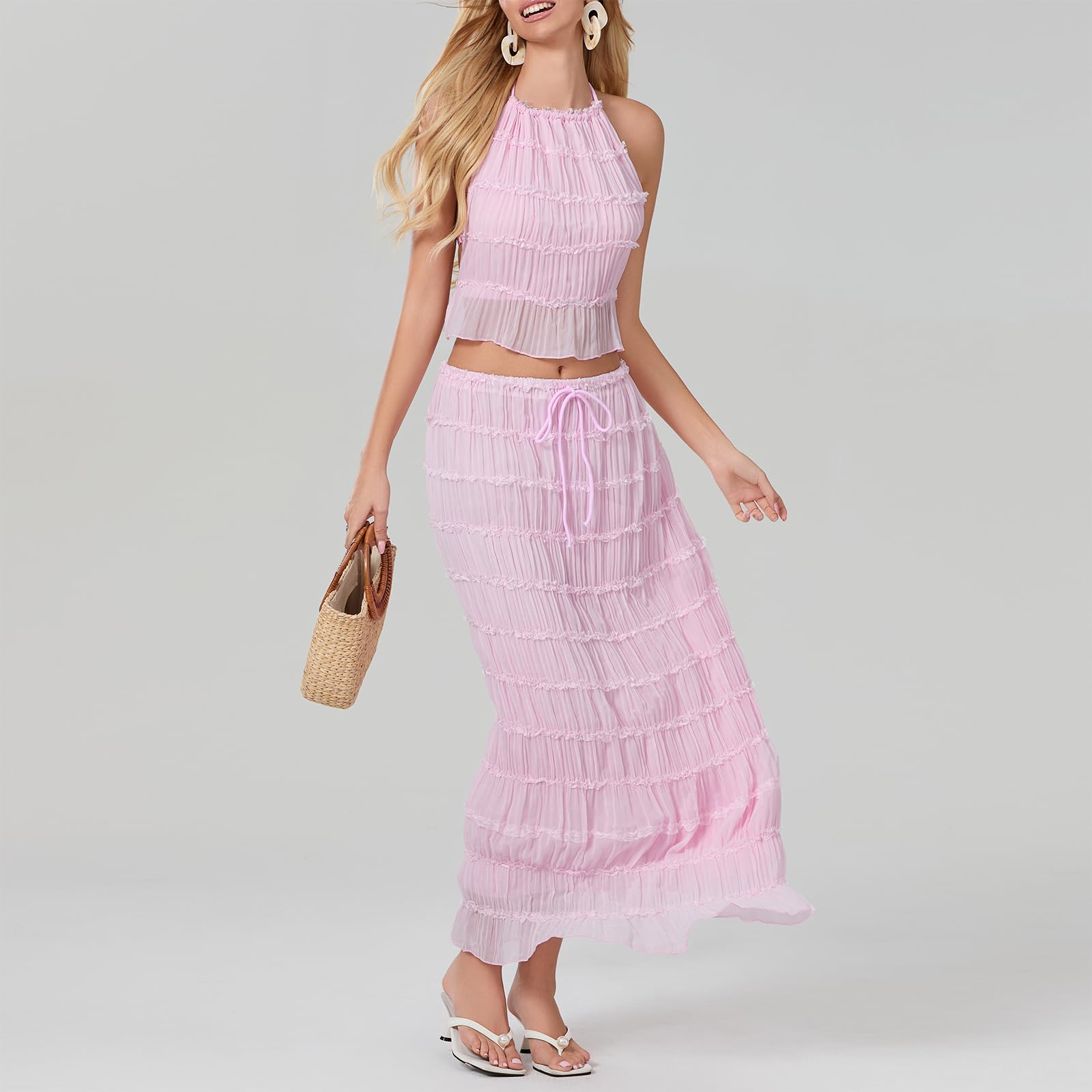 Women Y2K Skirt Set Outfits Strapless Crop Top Bodycon Midi Skirt Dress Sexy 2 Piece Knit Outfits Skirt Summer