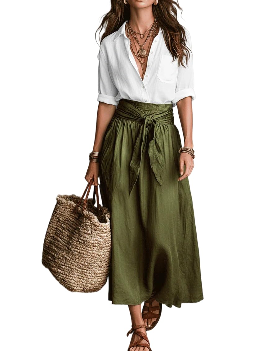 Women Boho Contrast 2 Piece Outfit, Long Sleeve Button Down Shirt & Tie Waist Flowy Midi Skirt Casual Vacation Set