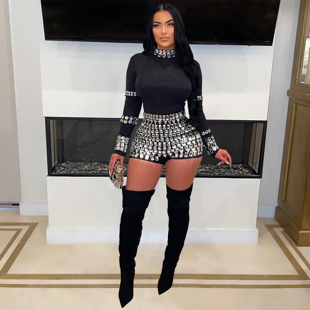 chicyes Women's Jumpsuits Sexy Long Sleeve Date Night Rompers Rhinestone Sparkly Party Club Spring Outfits Fall Concert