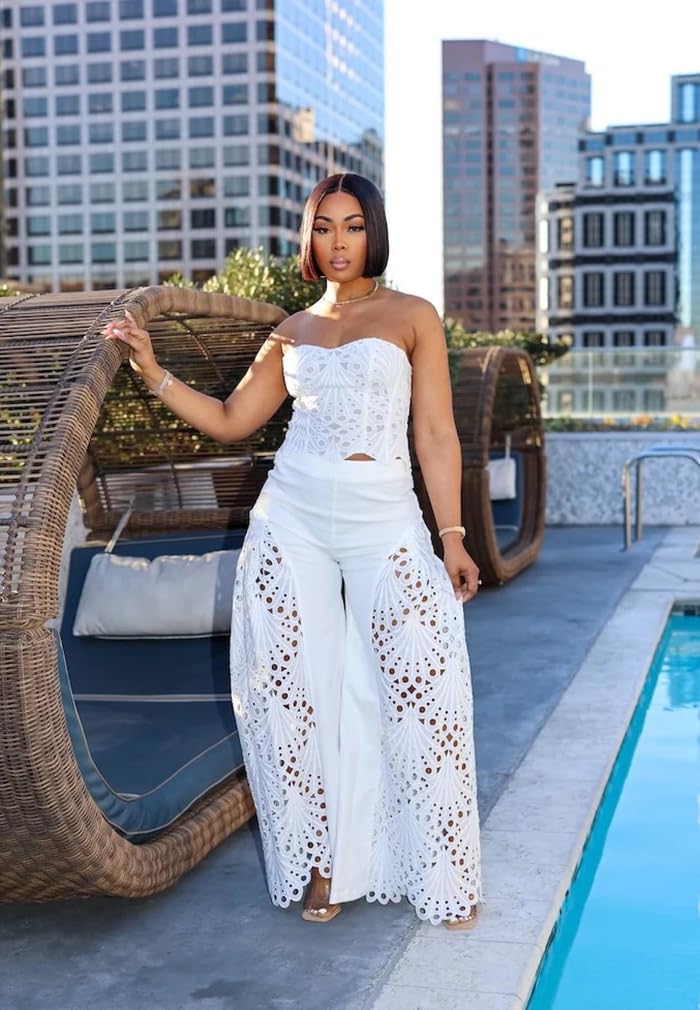 Mandonce 2 Piece Sets for Women Off Shoulder Lace Tube Top and Lace Flowy Wide Leg Pants Beach Vacation Sexy Outfit Going Out