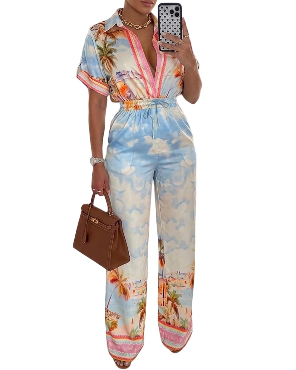 CHICME Womens Jumpsuit Boho Floral Wide Leg Vacation Outfit | Long Pant Rompers with Pockets,Roll Up Short Sleeve,Button Front,Drawstring High Waist,One Piece,Casual,Summer Beach