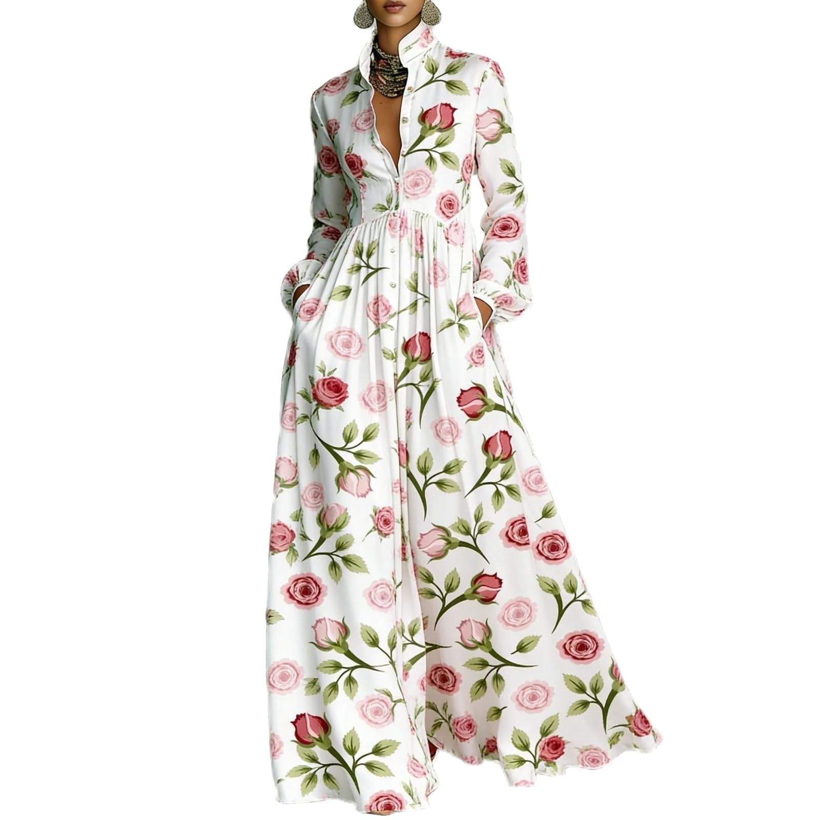 Women Maxi Dress Stand Collar Button Front Pocket Beach Vacation Casual | Flowy maxi dress stand collar, button front, functional pockets, long lantern sleeves, A-line skirt, beach vacation daily