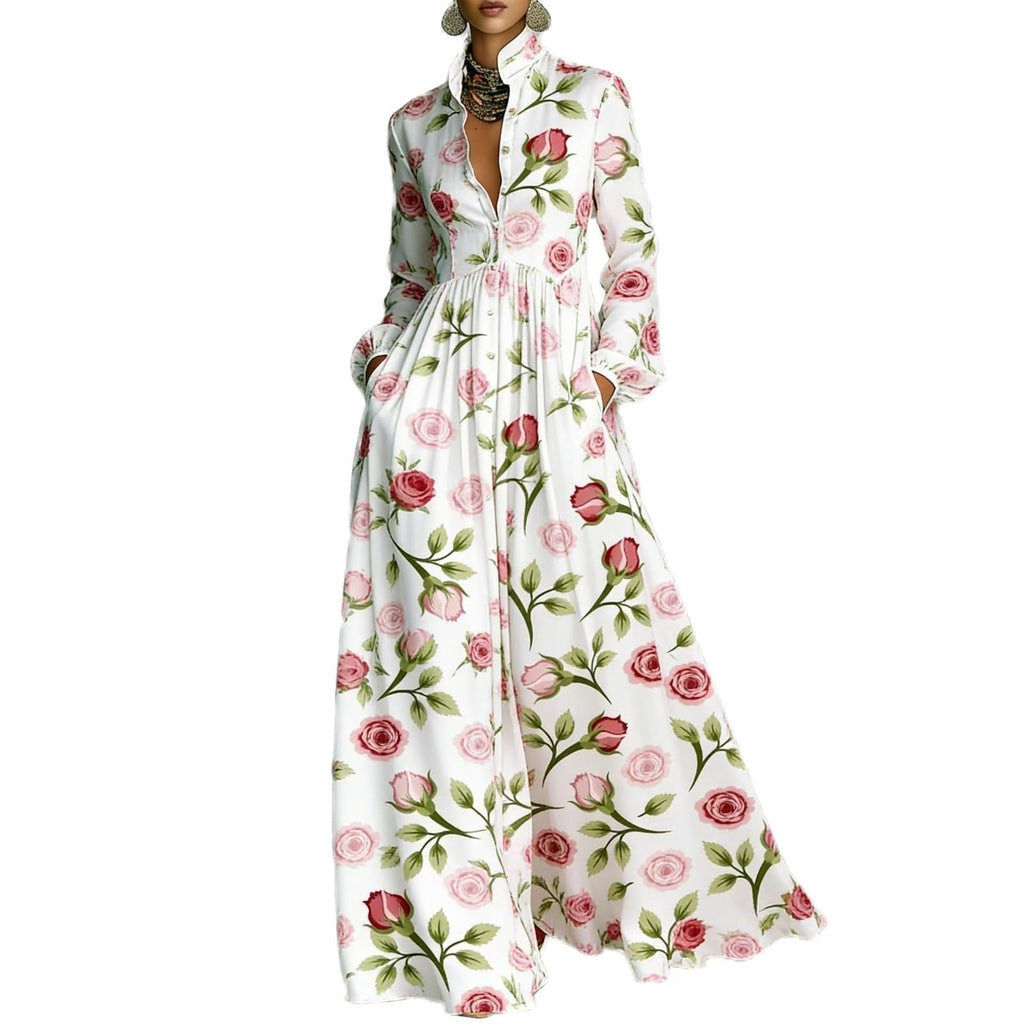 Women Maxi Dress Stand Collar Button Front Pocket Beach Vacation Casual | Flowy maxi dress stand collar, button front, functional pockets, long lantern sleeves, A-line skirt, beach vacation daily