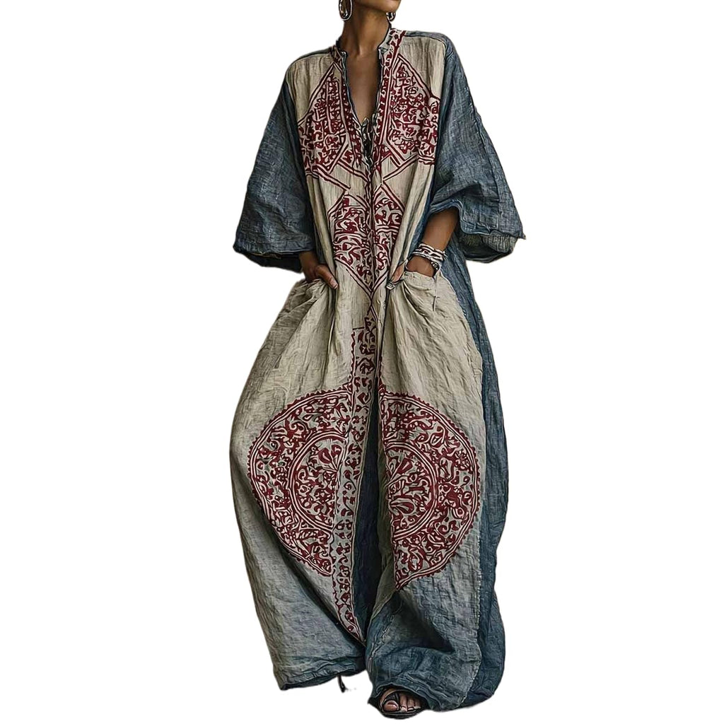 Women Plus Size Boho Wide Leg Jumpsuit Vintage Ethnic Print 3/4 Sleeve V Neck Vacation Casual Jumpsuit With Pockets
