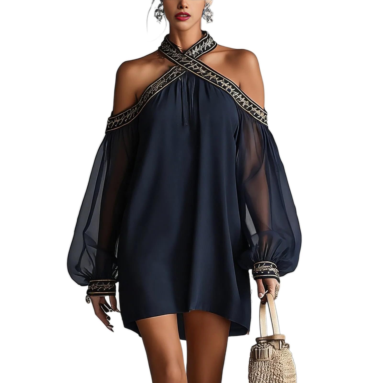 Women's Vintage Boho Chiffon Dress Navy Blue Baroque Print High Neck Irregular Lantern Sleeve Dress Casual Party Vacation