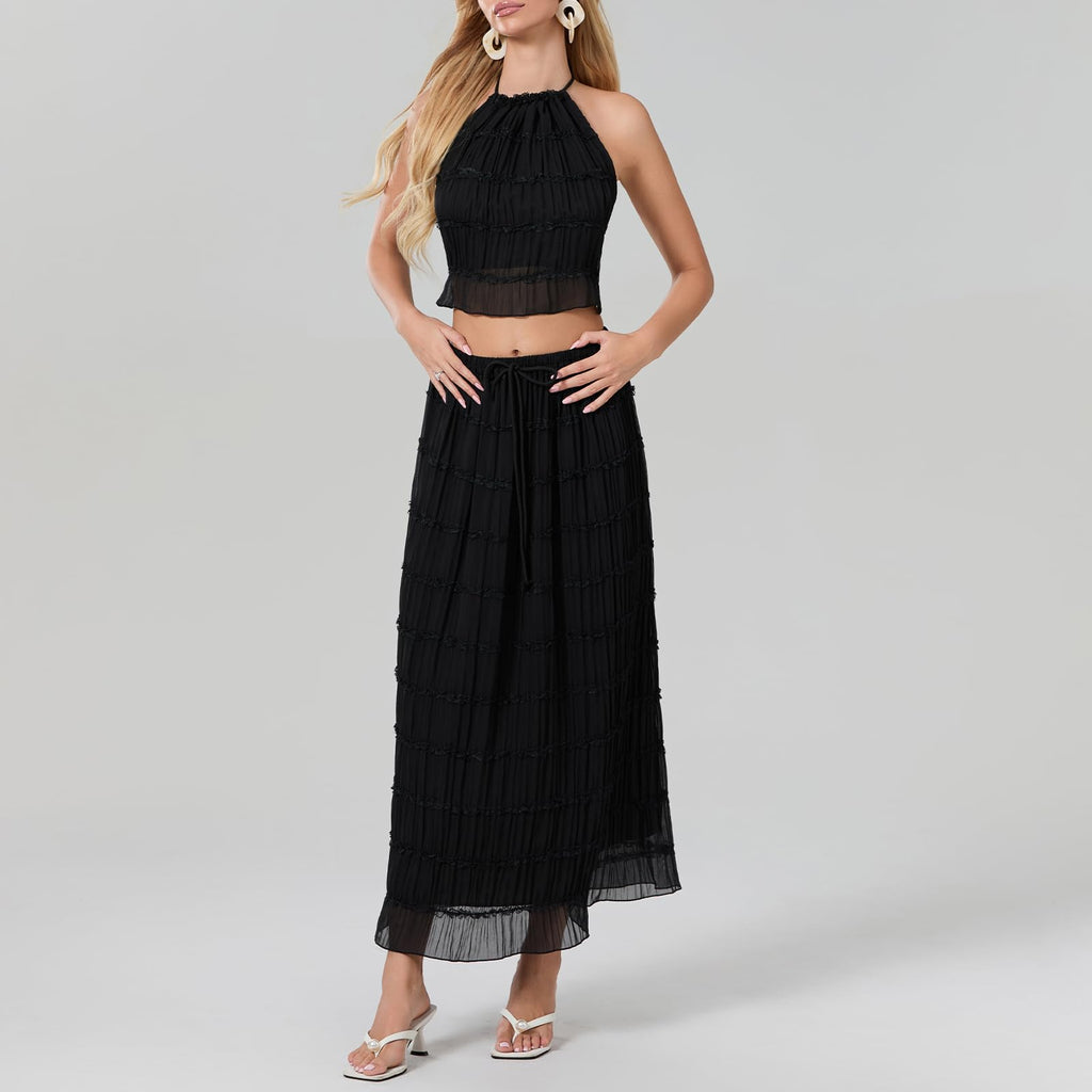 Women Y2K Skirt Set Outfits Strapless Crop Top Bodycon Midi Skirt Dress Sexy 2 Piece Knit Outfits Skirt Summer