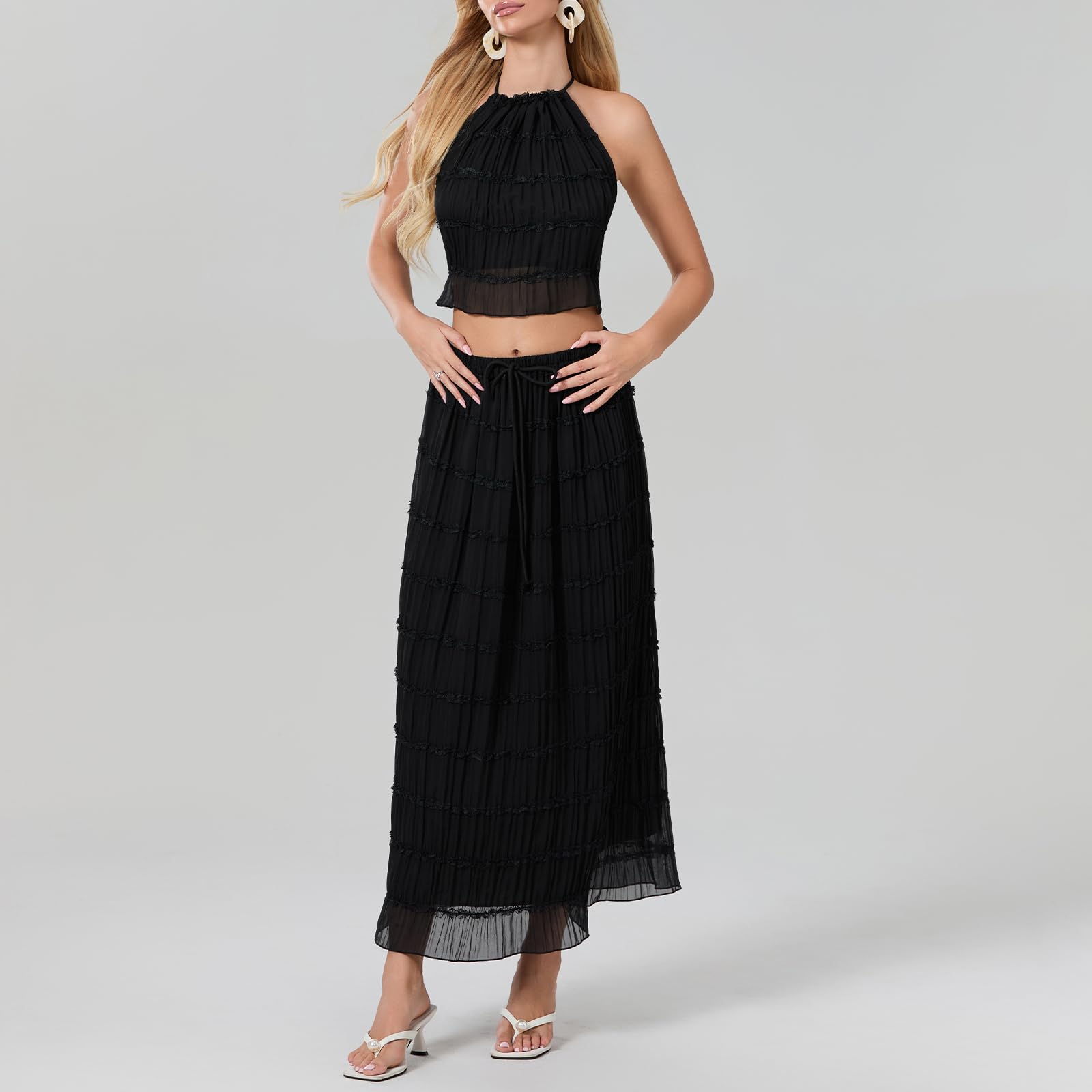 Women Y2K Skirt Set Outfits Strapless Crop Top Bodycon Midi Skirt Dress Sexy 2 Piece Knit Outfits Skirt Summer
