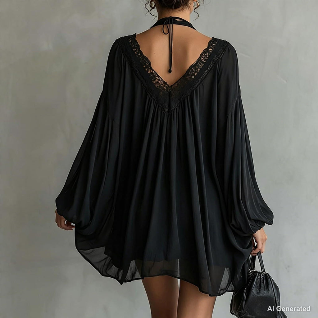 Women's Vintage Boho Chiffon Dress Navy Blue Baroque Print High Neck Irregular Lantern Sleeve Dress Casual Party Vacation