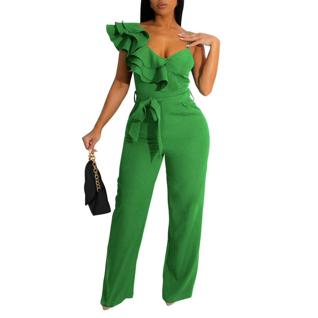 kaimimei Womens Casual Jumpsuits Ruffle One Shoulder Wide Leg Belted Romper | Designed with Pockets,Adjustable Strap,Sexy V-Neck Sleeveless,Backless,for Parties, Clubs,Wedding,Event,Outing