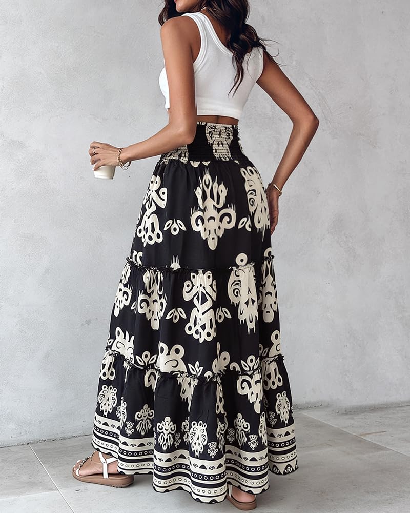 CHICME Women's Boho Floral Summer Maxi Skirt with Pockets Vacation Outfit | Shirred High Waist, Ruffle Hem, Lightweight Comfortable Fabric, A-Line Long Flowy Skirt for Beach, Travel & Daily Wear