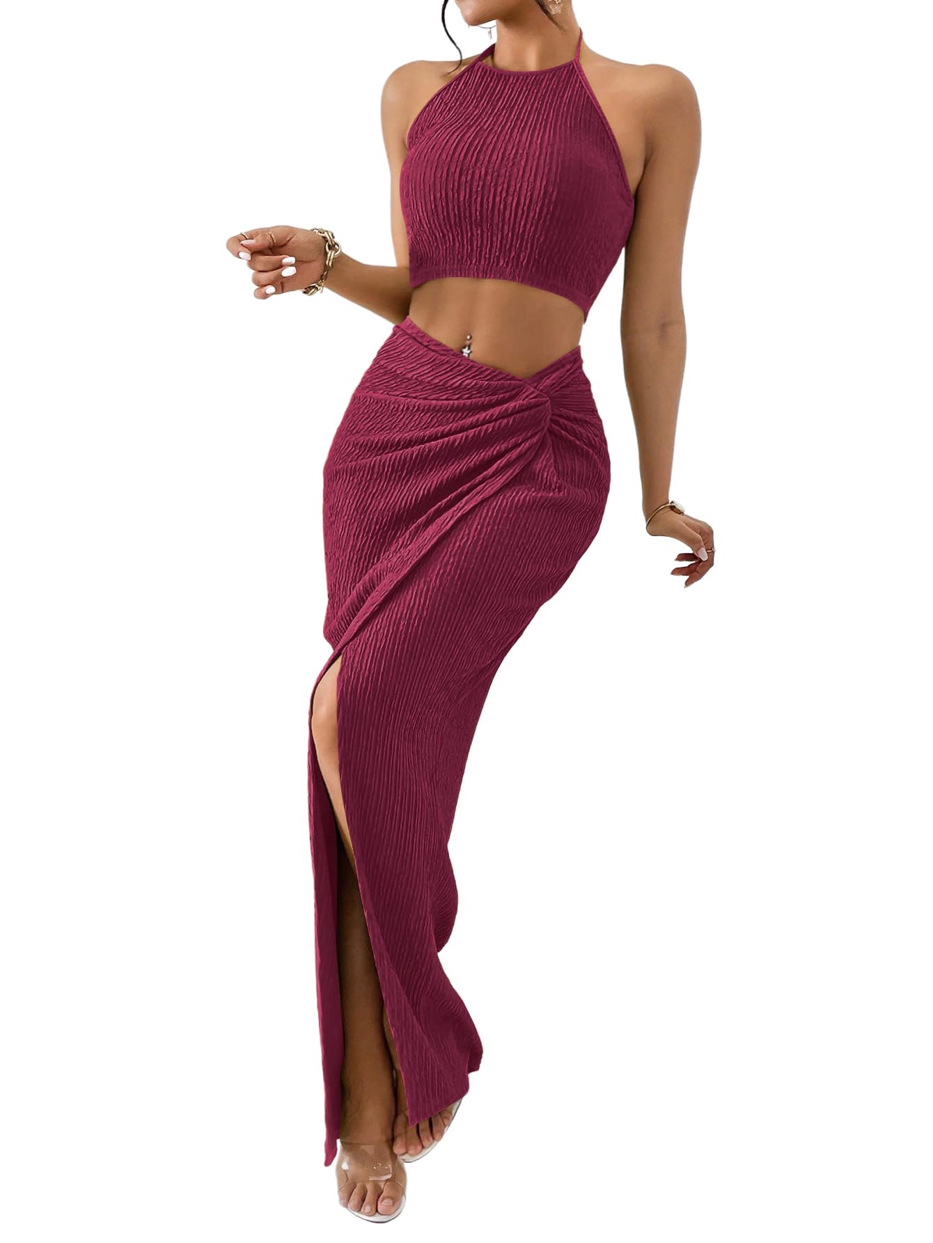 BEAUDRM Women's 2 Pieces Summer Outfits Textured Halter Crop Top and Split Maxi Skirt Set S Going Out Beach Vacation Outfits
