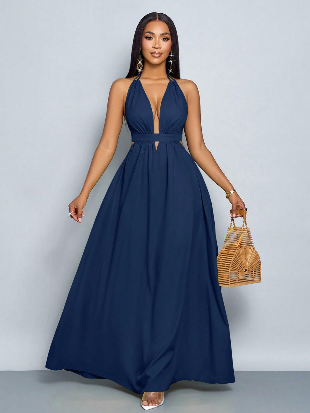 SKAYS Women's Summer Backless Tie-Waist Dress Solid Color Sexy V-Neck Beach Vacation Maxi Dress Formal Party Dress