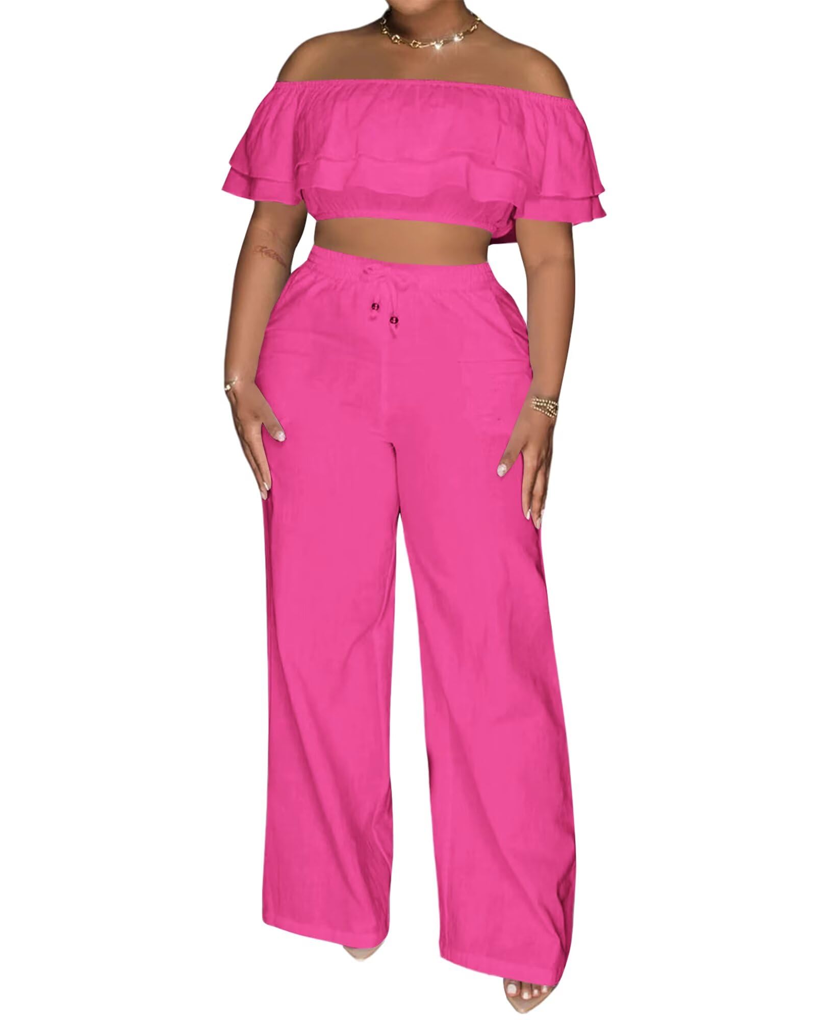 Adogirl 2 Piece Outfits for Women Ruffle Trim Crop Top Wide Leg Pants Set | 2 Piece Sets, Outfit for Women, Off Shoulder, Short Sleeve, Wide Leg Pants with Pockets, Sexy Outfits, Vacation Outfits
