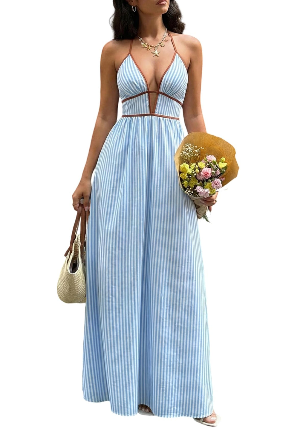 Women Summer Striped Halter Maxi Dress Sexy Beach Vacation Sundress | Casual, travel brunch dresses, soft fabric, deep v neck, backless, smocked, flowy, a line