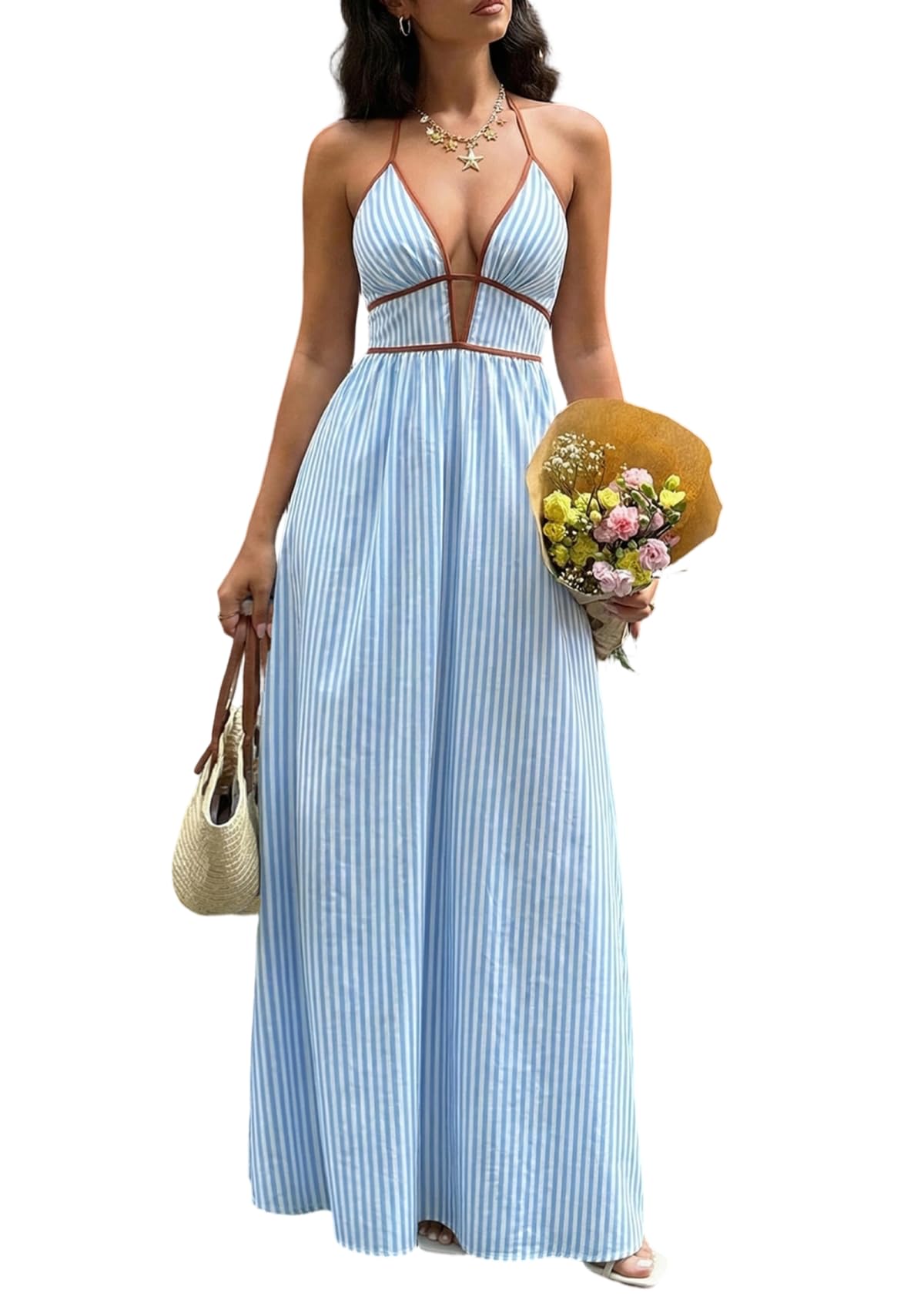 Women Summer Striped Halter Maxi Dress Sexy Beach Vacation Sundress | Casual, travel brunch dresses, soft fabric, deep v neck, backless, smocked, flowy, a line
