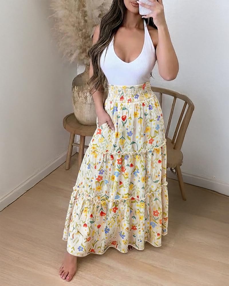 CHICME Women's Boho Floral Summer Maxi Skirt with Pockets Vacation Outfit | Shirred High Waist, Ruffle Hem, Lightweight Comfortable Fabric, A-Line Long Flowy Skirt for Beach, Travel & Daily Wear