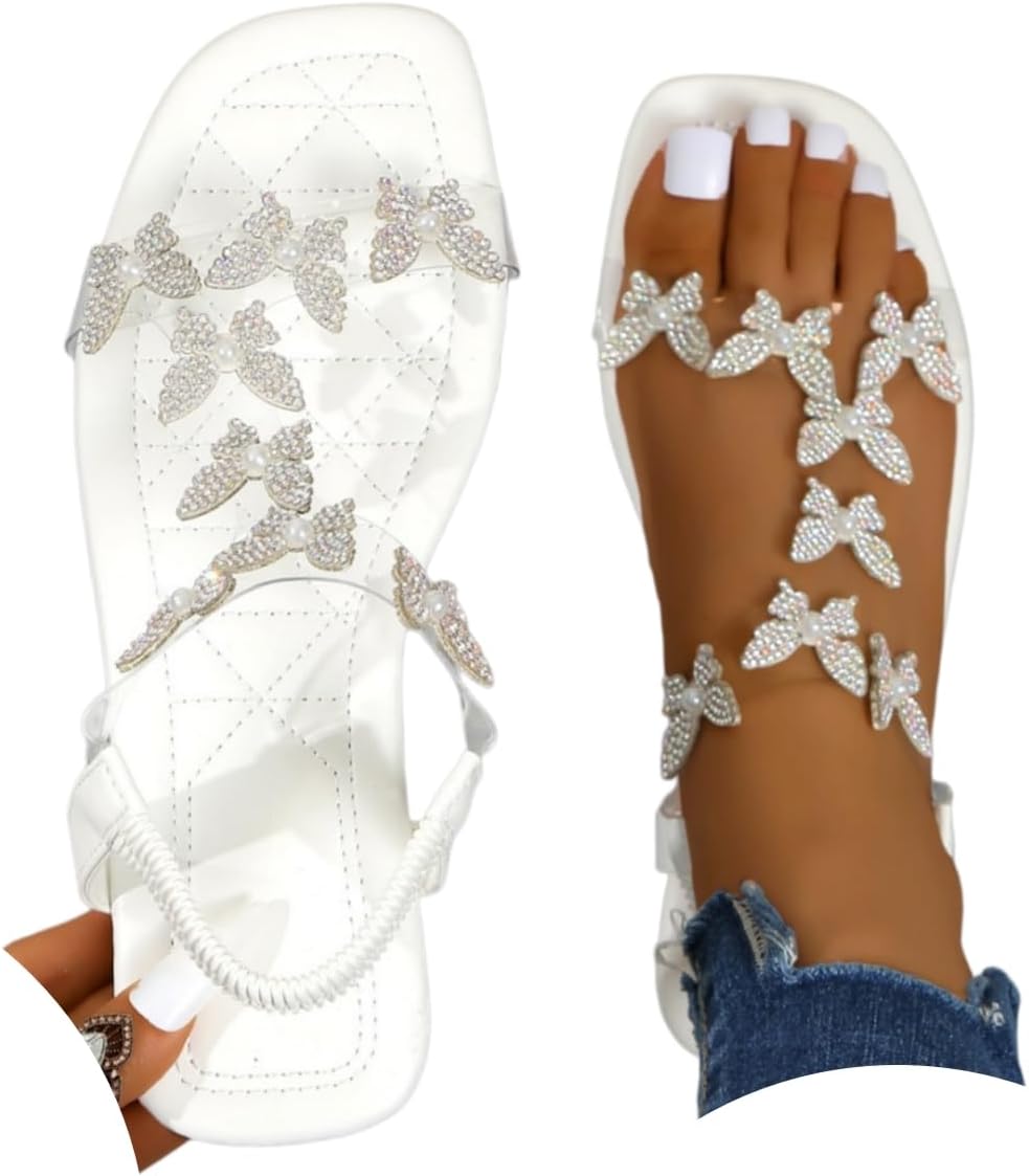 Women's Butterfly Rhinestone Flat Sandals Glitter Sparkly Bling Strappy Open Toe Elegant Transparent Elastic Strap Gladiator Sandals for Dressy Summer Wedding Bridal Prom Travel Daily Wear
