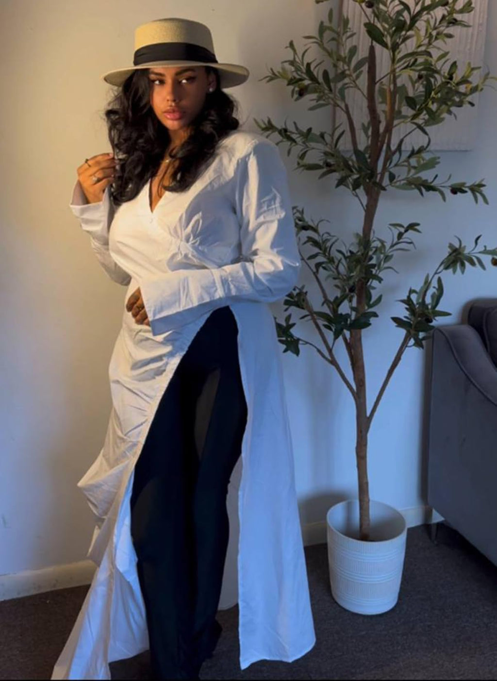 Women's Button Down Shirt Dress High Low Irregular Hem Top | Deep V Neck, Ruched, Long Sleeve, Side Split, Asymmetrical Irregular Hem Casual High Low Tops Blouse
