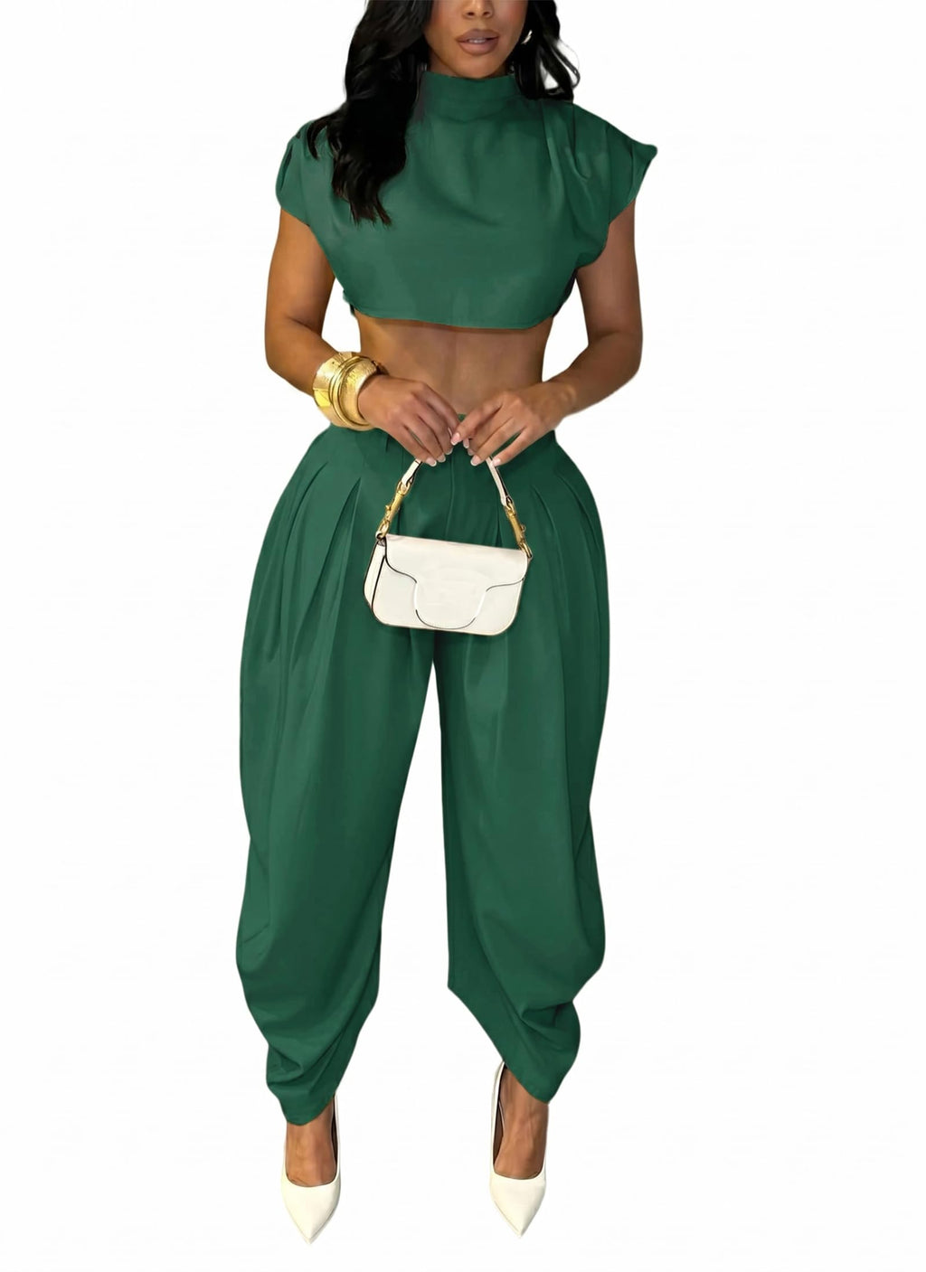 Ekaliy Womens Casual 2 Piece Outfits Cap Sleeve Crop Top Palazzo Pants Set | Mock Neck,Short Sleeve,Zipper-Back Crop Top,High-Waisted Pleated Pants,Wide Leg Dress Pants,2 Piece Sets For Women Dressy
