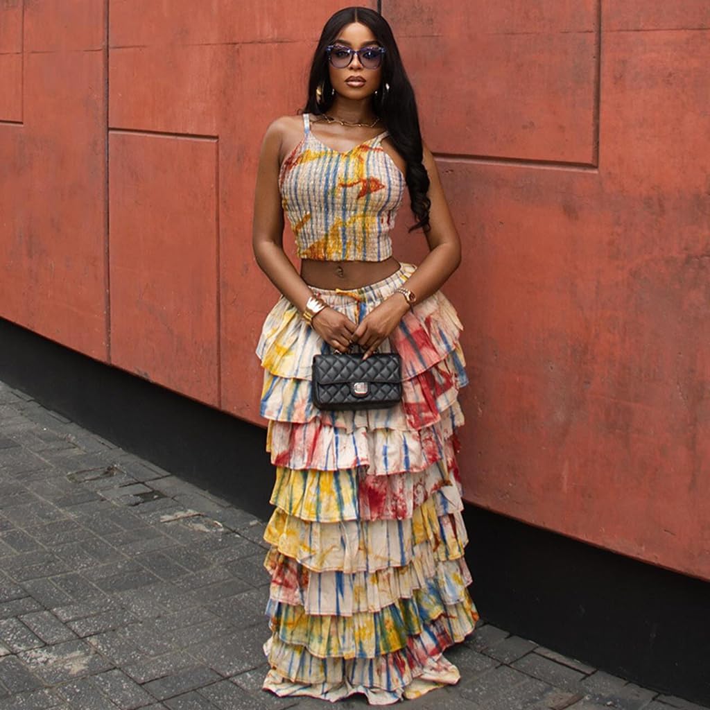 2 Piece Skirt Set Spaghetti Strap Crop Top Tiered Ruffle Maxi Skirt Vacation Outfits for Women