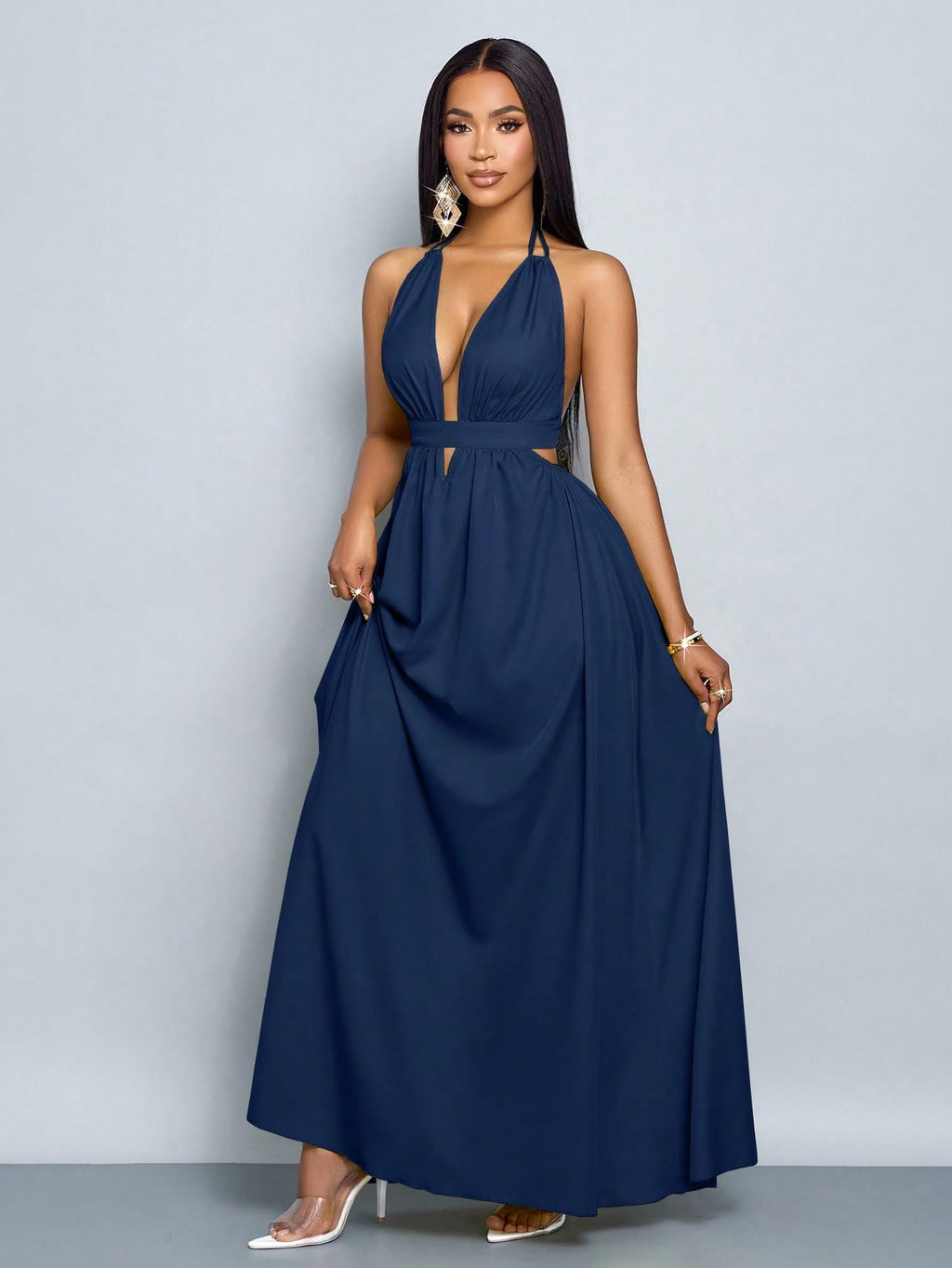 SKAYS Women's Summer Backless Tie-Waist Dress Solid Color Sexy V-Neck Beach Vacation Maxi Dress Formal Party Dress