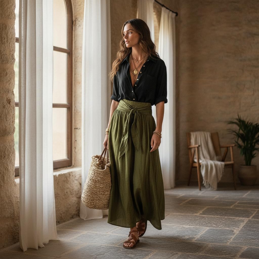 Women Boho Contrast 2 Piece Outfit, Long Sleeve Button Down Shirt & Tie Waist Flowy Midi Skirt Casual Vacation Set