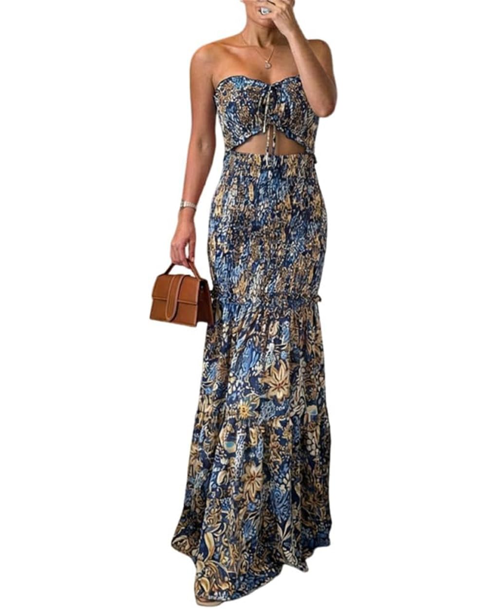 CHICME Floral Vacation Dress Halter Tie Ruched Womens Maxi Dress | Sleeveless Slim Dress, 3-Way Tie: Halter, Bow or Strapless,Ruffle Mermaid Hem for Party,Vacation,Wedding Guest