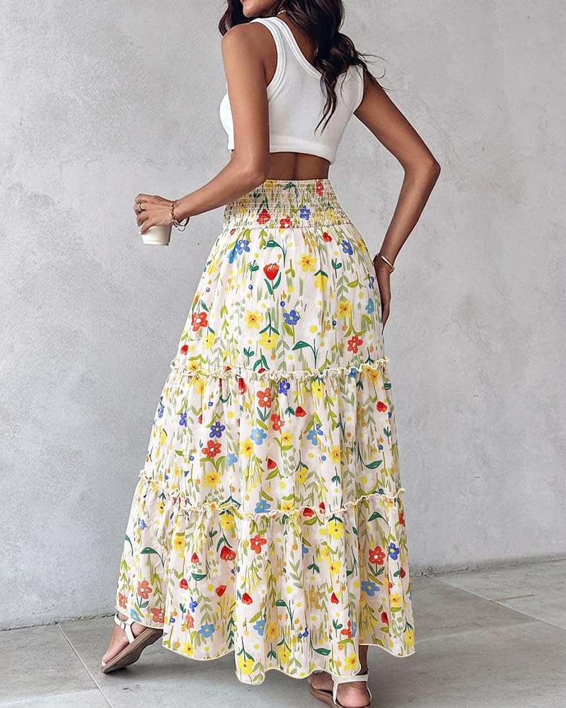 CHICME Women's Boho Floral Summer Maxi Skirt with Pockets Vacation Outfit | Shirred High Waist, Ruffle Hem, Lightweight Comfortable Fabric, A-Line Long Flowy Skirt for Beach, Travel & Daily Wear
