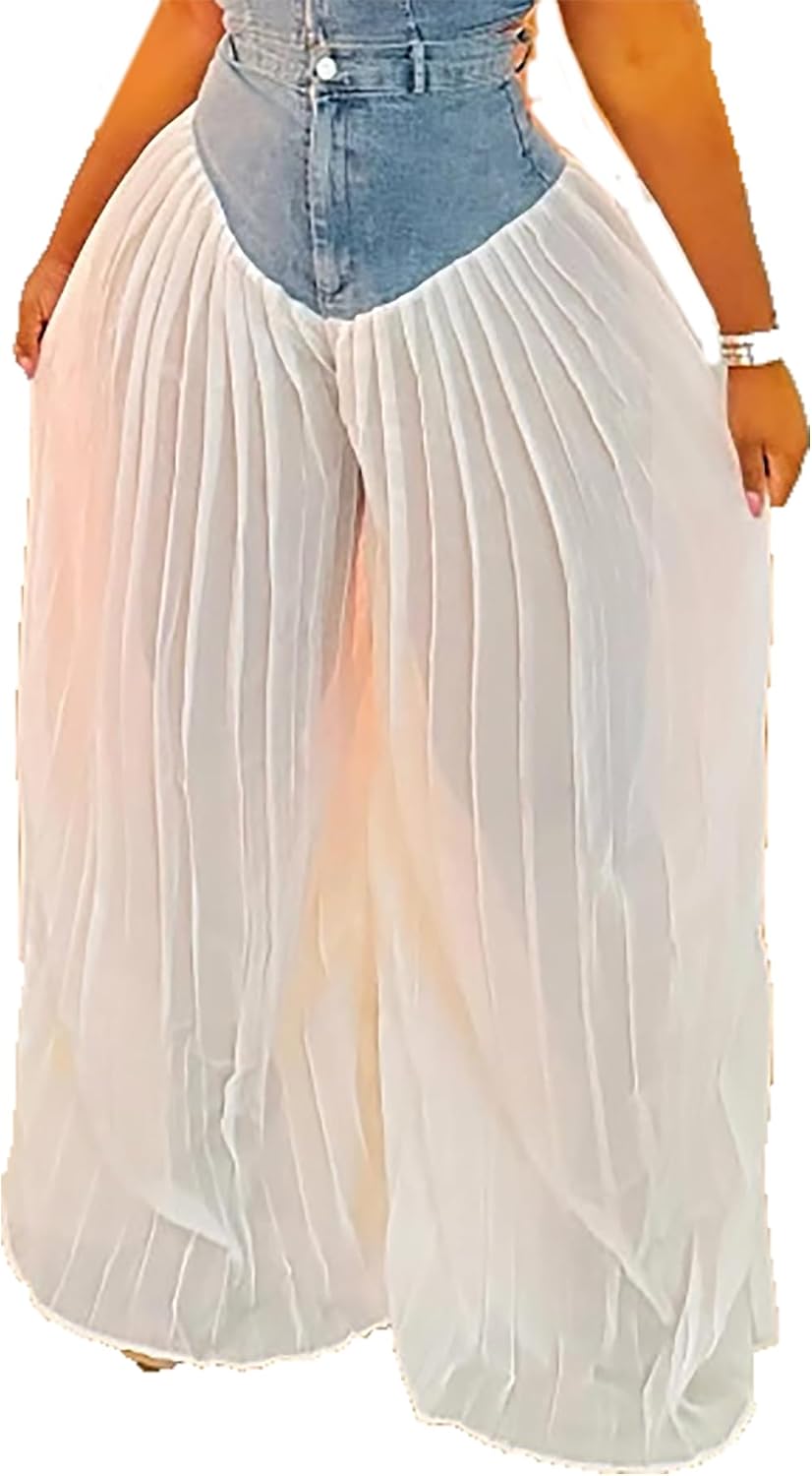 Women's Denim Spliced Pleated Chiffon Wide Leg Pants | High-Waist Fit, Floor-Length Flow, Denim-to-Chiffon Design, Tummy Control, Jumpsuit-Illusion Style