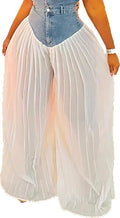 Women's Denim Spliced Pleated Chiffon Wide Leg Pants | High-Waist Fit, Floor-Length Flow, Denim-to-Chiffon Design, Tummy Control, Jumpsuit-Illusion Style