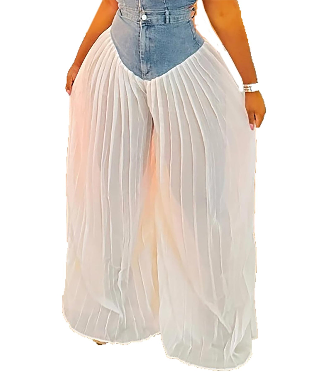 Women's Denim Spliced Pleated Chiffon Wide Leg Pants | High-Waist Fit, Floor-Length Flow, Denim-to-Chiffon Design, Tummy Control, Jumpsuit-Illusion Style