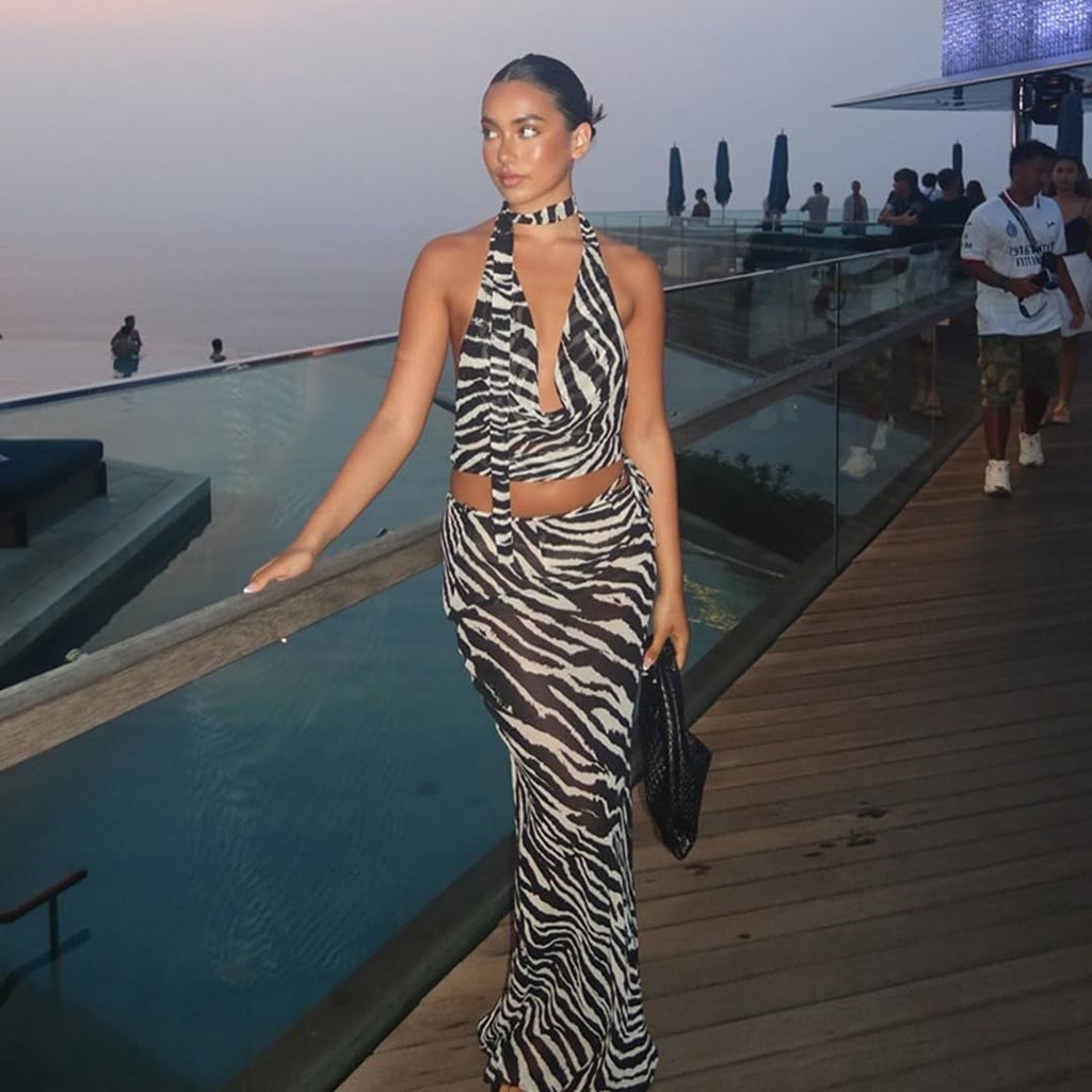 THLAI Women's 2 Piece Sexy Zebra Skirt Sets Halter Top Maxi Skirt Mesh Slim Summer Beach Outfits