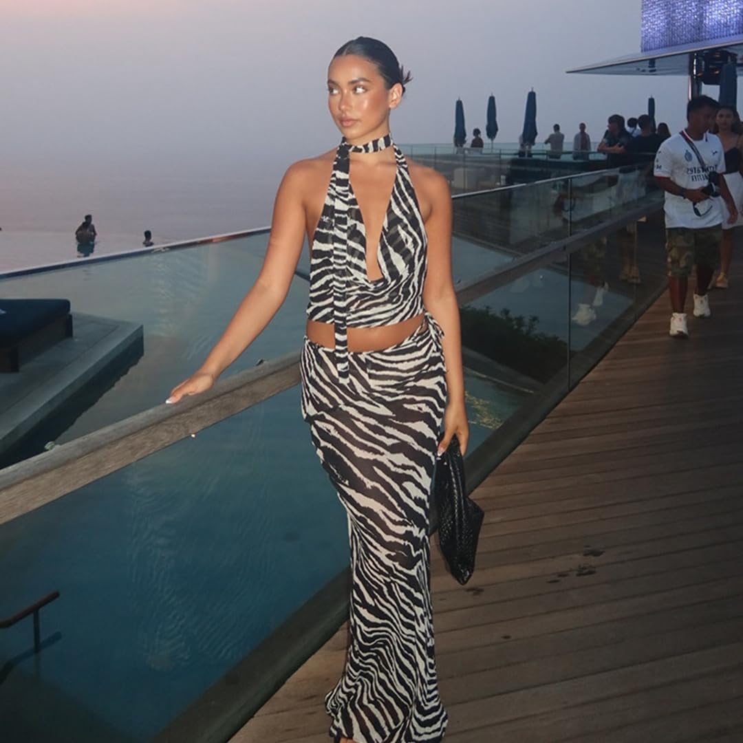 THLAI Women's 2 Piece Sexy Zebra Skirt Sets Halter Top Maxi Skirt Mesh Slim Summer Beach Outfits