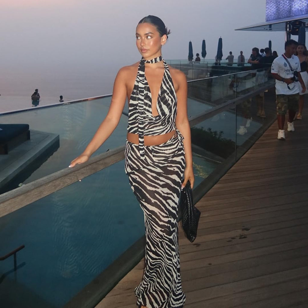 THLAI Women's 2 Piece Sexy Zebra Skirt Sets Halter Top Maxi Skirt Mesh Slim Summer Beach Outfits
