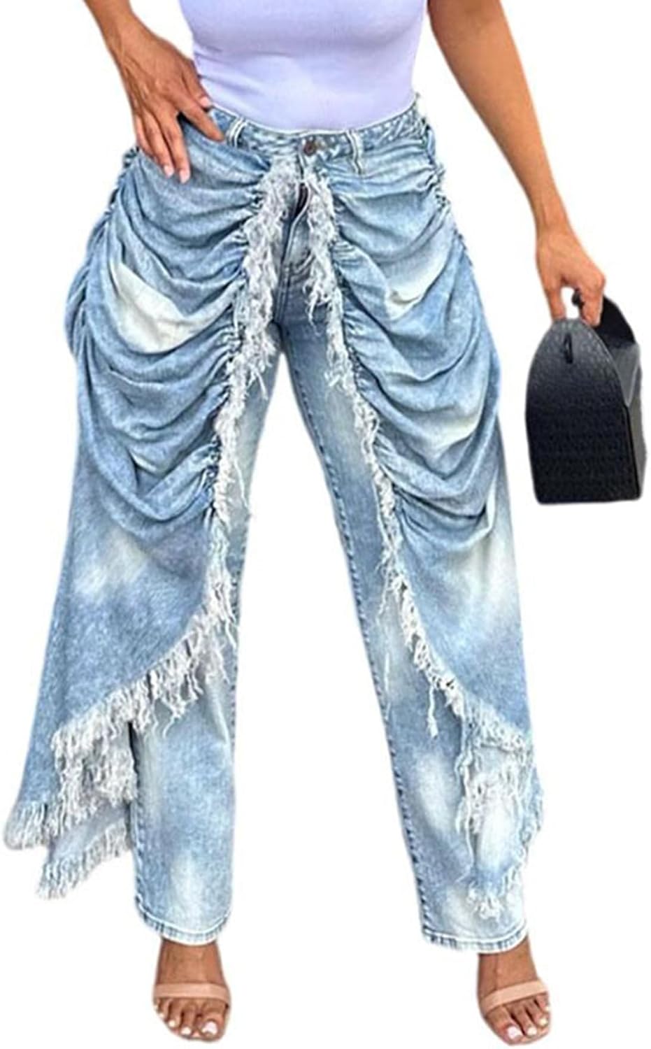 LETSVDO Women's High Waisted Patchwork Jeans Baggy Wide Leg Frayed Fringe Ruched Cargo Harem Hippie Flowy Denim Pants