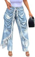 LETSVDO Women's High Waisted Patchwork Jeans Baggy Wide Leg Frayed Fringe Ruched Cargo Harem Hippie Flowy Denim Pants